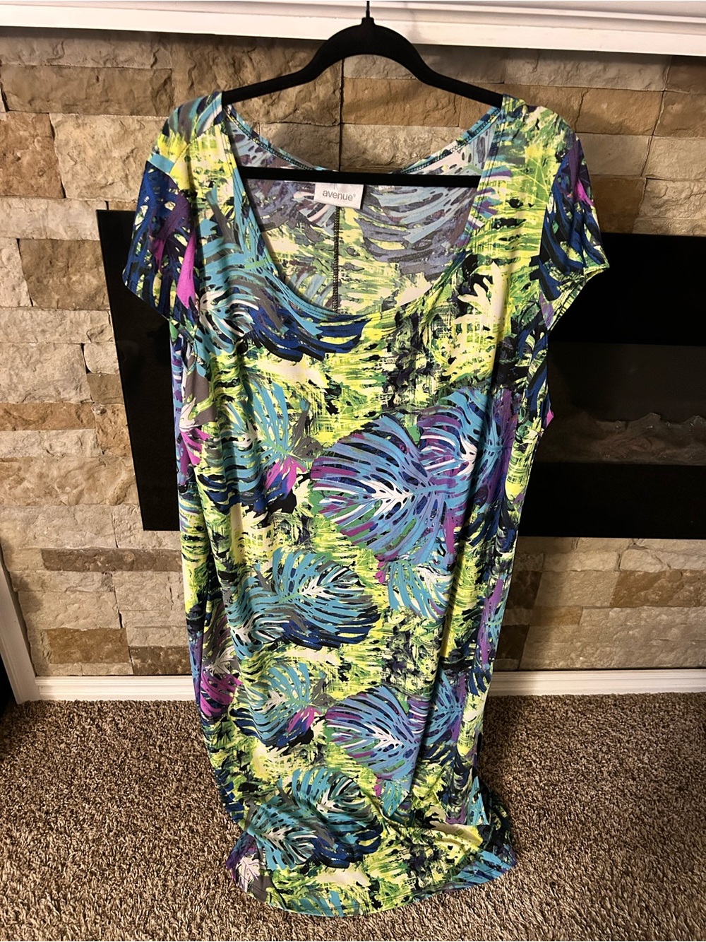 Avenue Women’s Neon Leaf Print Dress- Lime/Blue